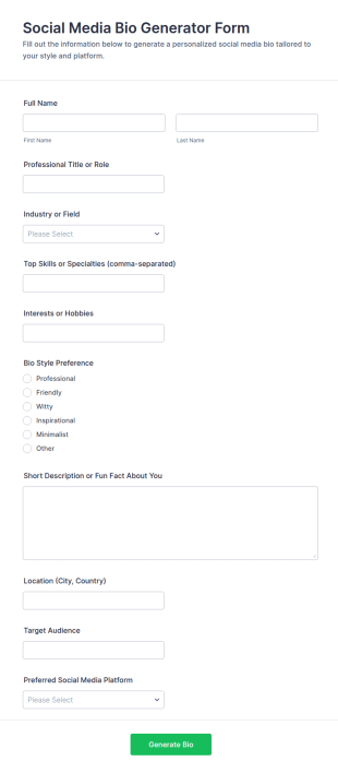 Social Media Bio Generator Form Template
