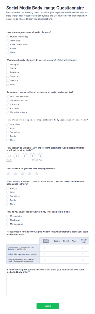Social Media Body Image Questionnaire Form Template