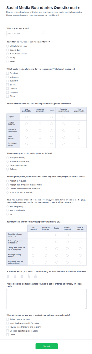Social Media Boundaries Questionnaire Form Template