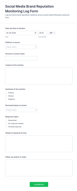 Social Media Brand Reputation Monitoring Log Form Template