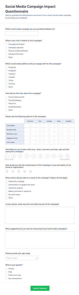 Social Media Campaign Impact Questionnaire Form Template