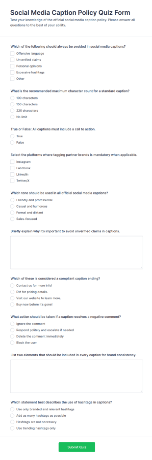 Social Media Caption Policy Quiz Form Template