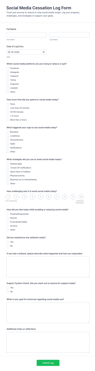 Social Media Cessation Log Form Template