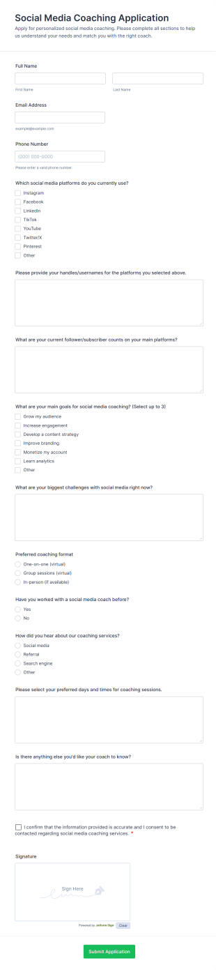 Social Media Coaching Application Form Template