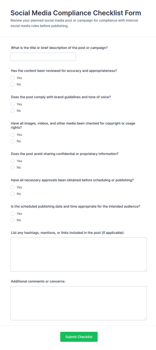 Social Media Compliance Checklist Form Template