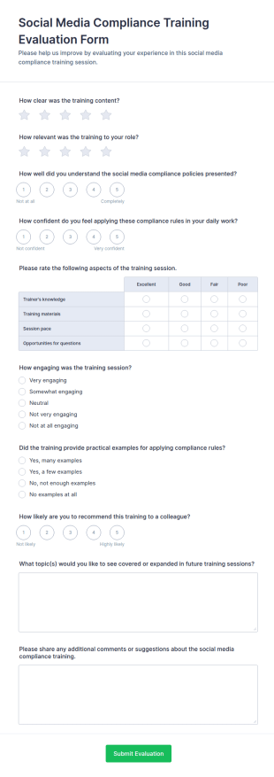 Social Media Compliance Training Evaluation Survey Form Template