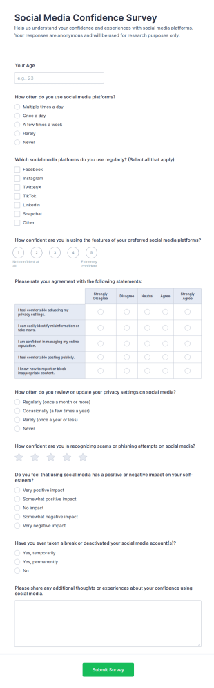Social Media Confidence Survey Form Template