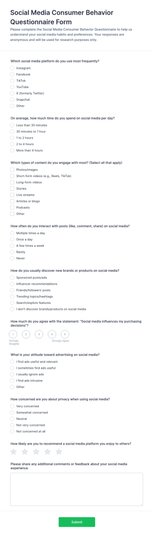 Social Media Consumer Behavior Questionnaire Form Template