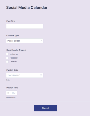 Social Media Content Calendar Form Template