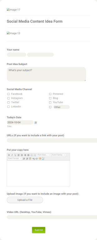 SOCIAL MEDIA CONTENT IDEAs Form Template
