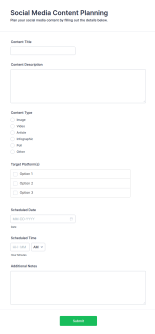 Social Media Content Planning Form Template