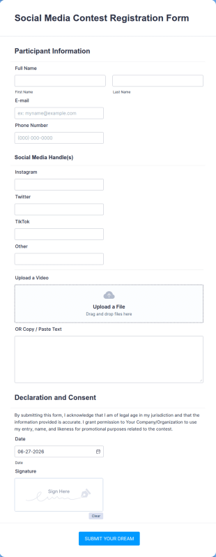 Social Media Contest Registration Form Template