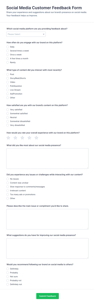 Social Media Customer Feedback Form Template