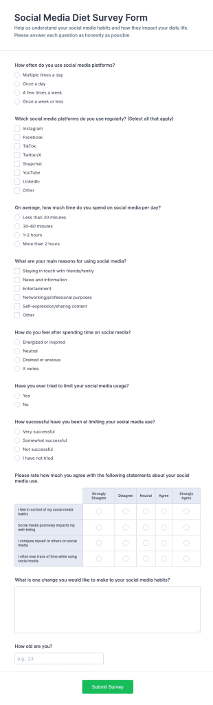 Social Media Diet Survey Form Template