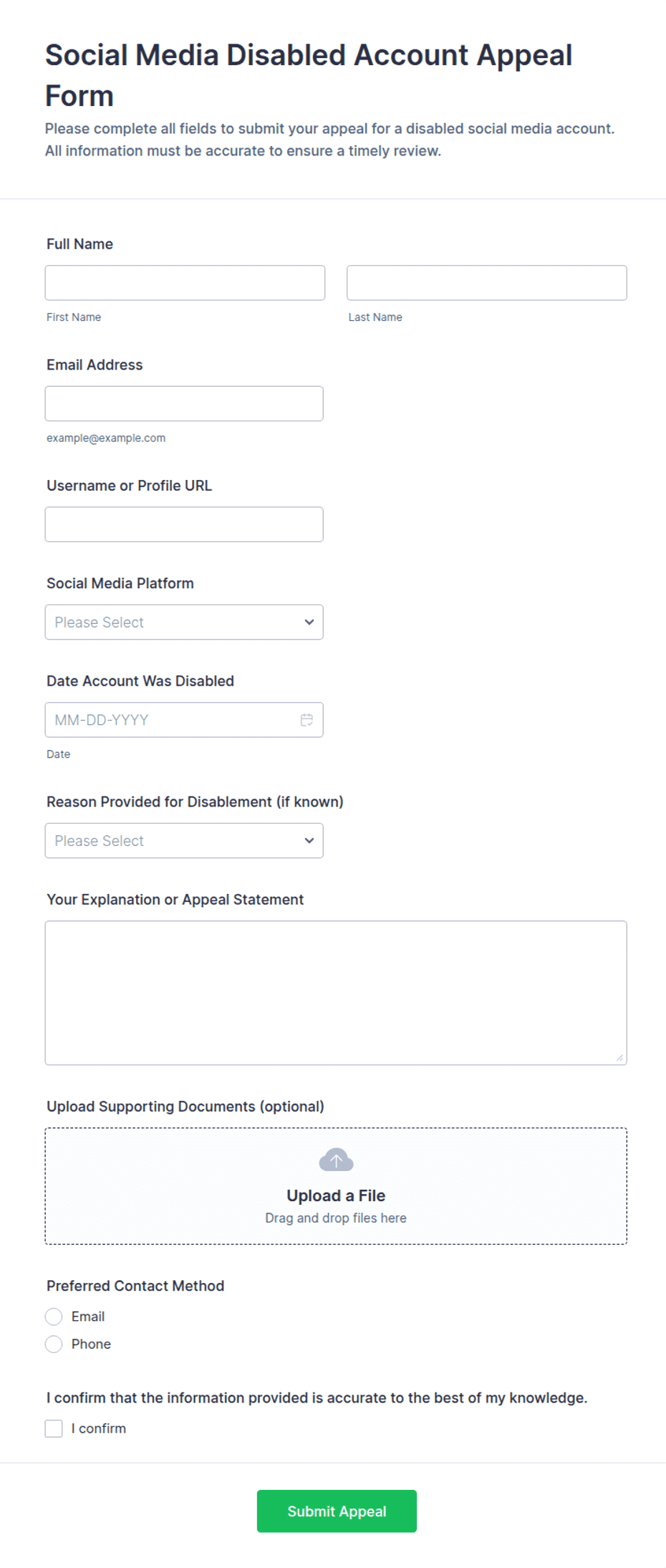 Social Media Disabled Account Appeal Form Template | Jotform