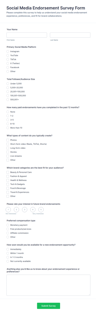 Social Media Endorsement Survey Form Template