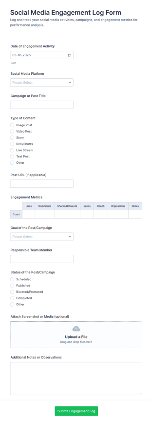 Social Media Engagement Log Form Template