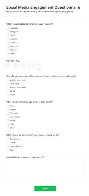 Social Media Engagement Questionnaire Form Template