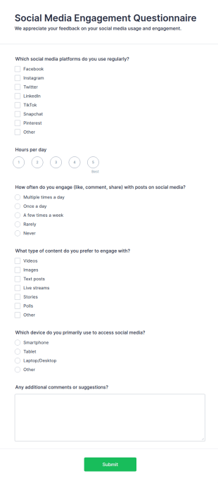 Social Media Engagement Questionnaire Form Template