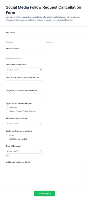 Social Media Follow Request Cancellation Form Template
