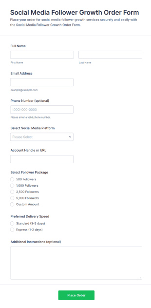 Social Media Follower Growth Order Form Template