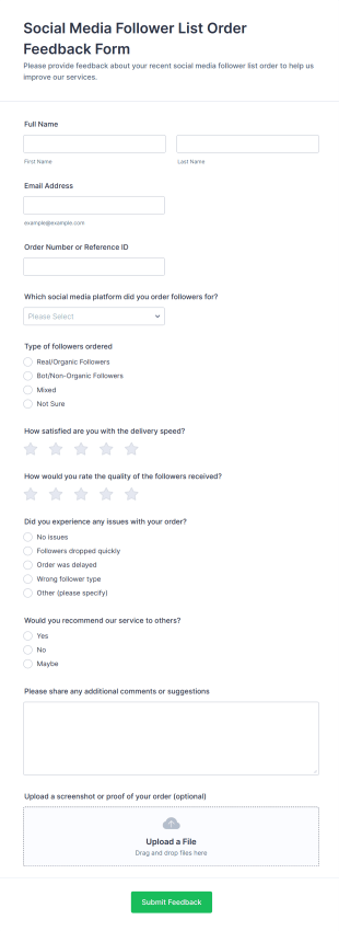 Social Media Follower List Order Feedback Form Template