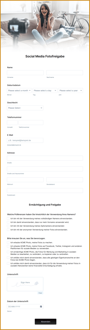 Social Media Fotofreigabeformular