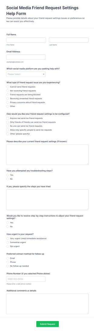 Social Media Friend Request Settings Help Form Template