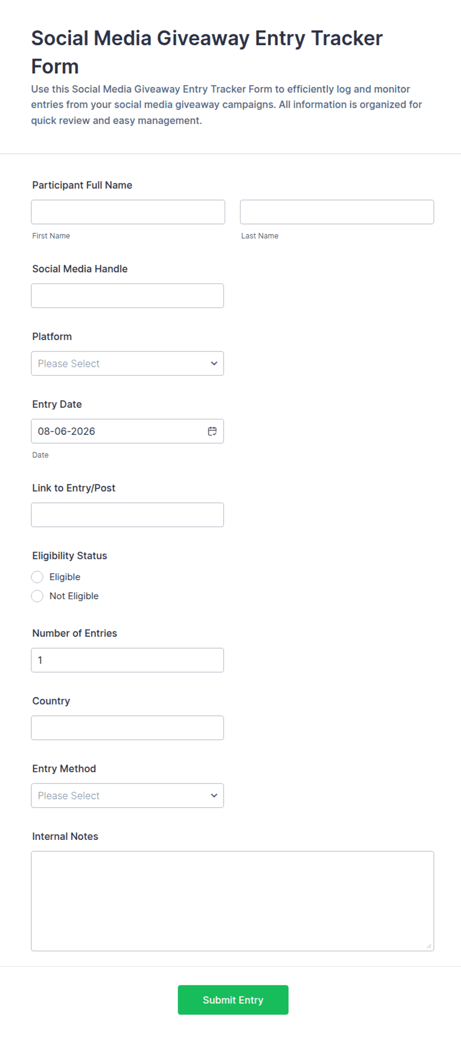 Social Media Giveaway Entry Tracker Form Template | Jotform