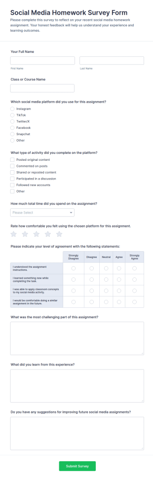 Social Media Homework Survey Form Template