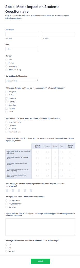 Social Media Impact On Students Questionnaire Form Template