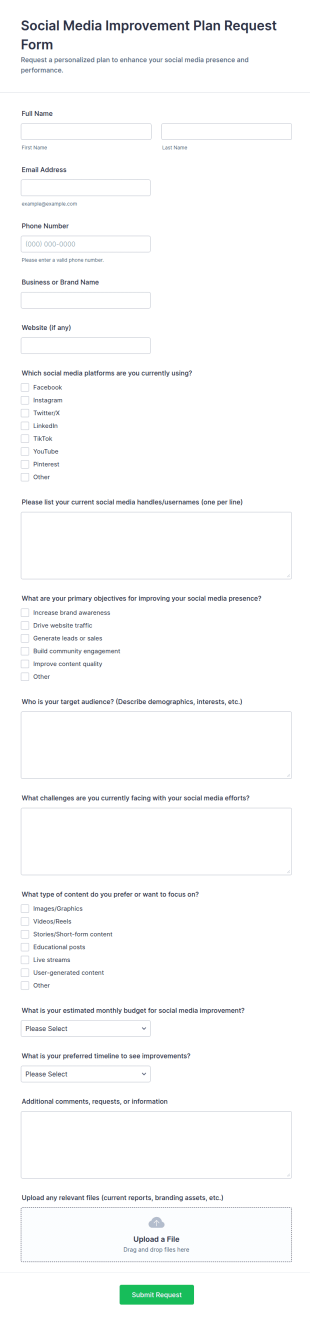 Social Media Improvement Plan Request Form Template
