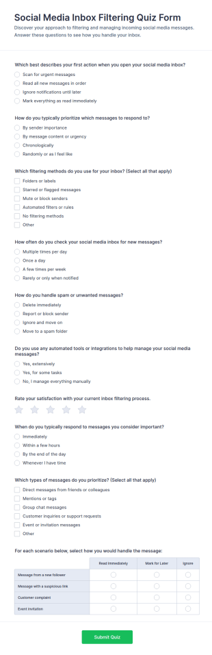 Social Media Inbox Filtering Quiz Form Template