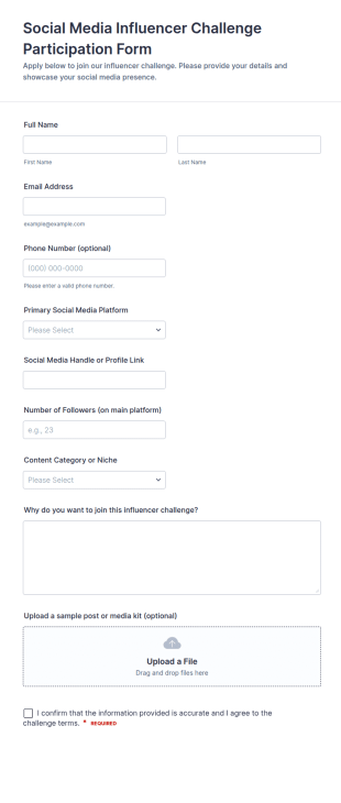 Social Media Influencer Challenge Participation Form Template