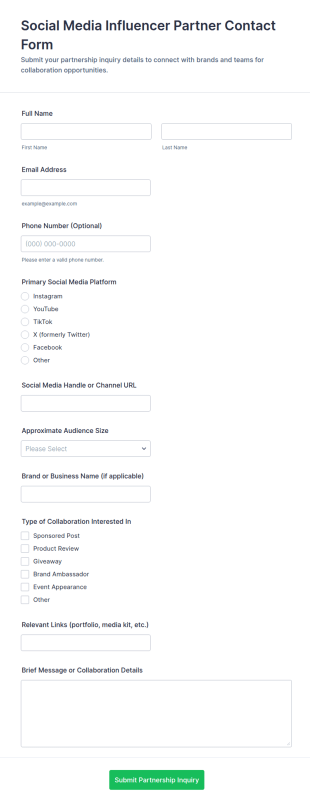 Social Media Influencer Partner Contact Form Template