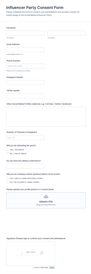 Social Media Influencer Party Consent Form Template