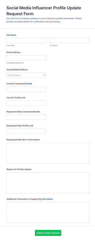 Social Media Influencer Profile Update Request Form Template