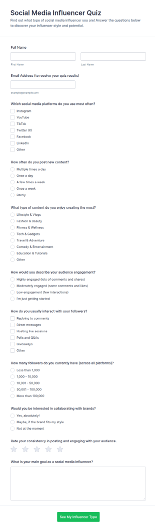 Social Media Influencer Quiz Form Template