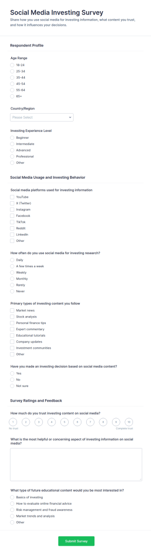 Social Media Investing Survey Form Template