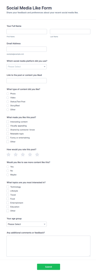 Social Media Like Form Template