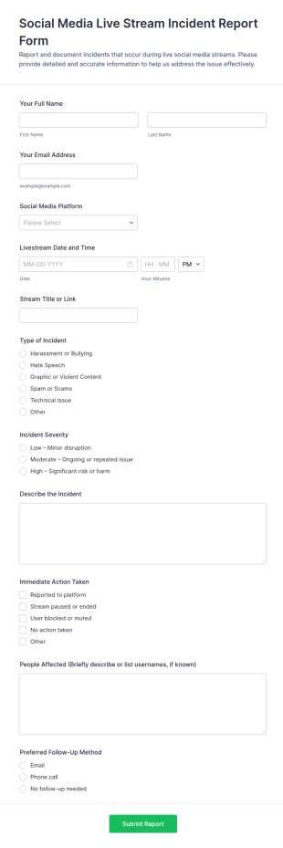 Social Media Live Stream Incident Report Form Template