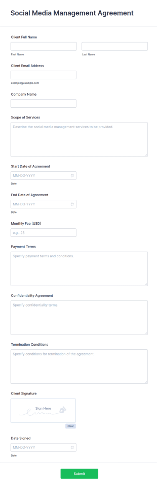 Social Media Management Agreement Form Template
