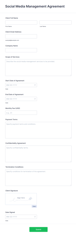 Social Media Management Agreement Form Template
