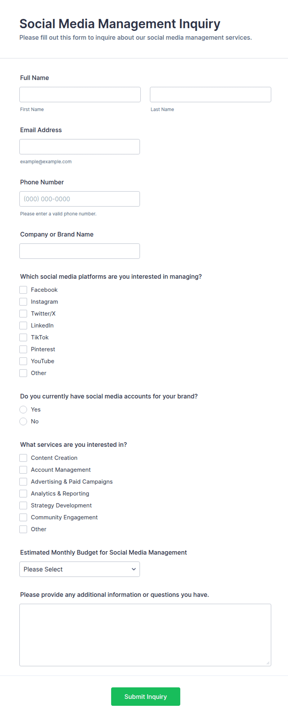 Social Media Management Inquiry Form Template | Jotform