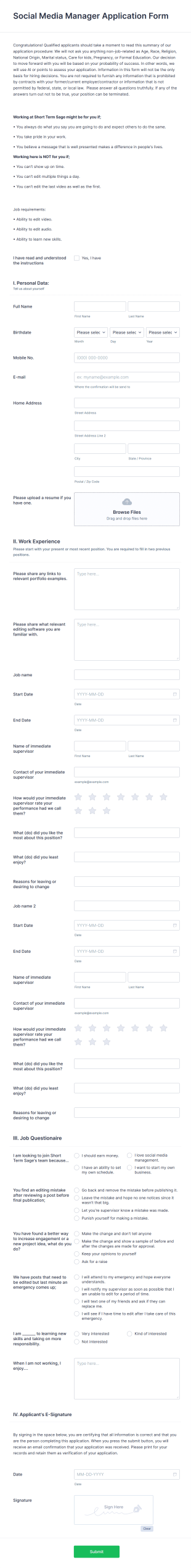 Social Media Manager Application Form Template