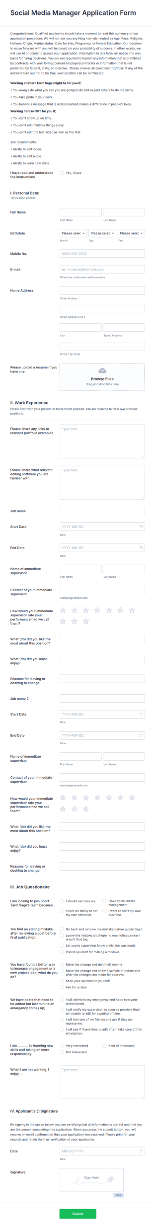 Social Media Manager Application Form Template