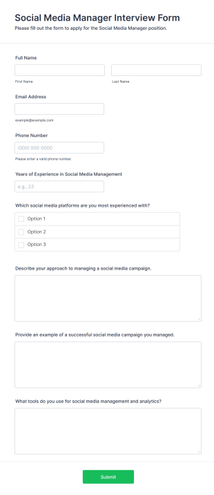 Social Media Manager Interview Form Form Template