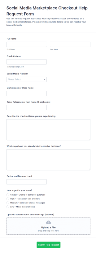 Social Media Marketplace Checkout Help Request Form Template