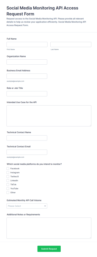 Social Media Monitoring API Access Request Form Template