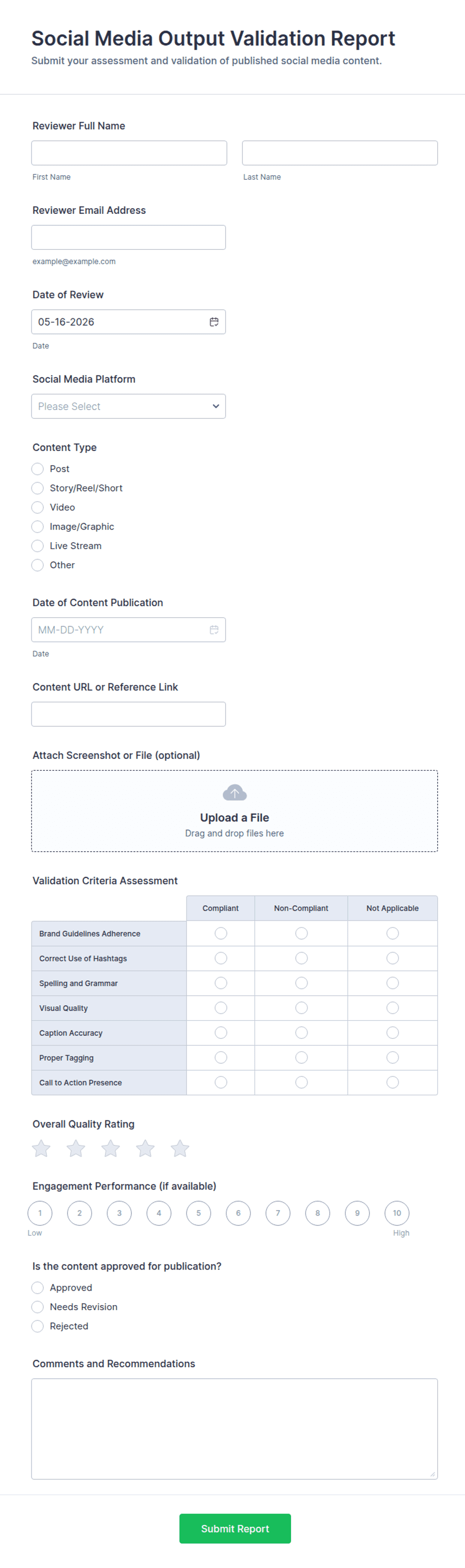 Social Media Output Validation Report Form Template | Jotform